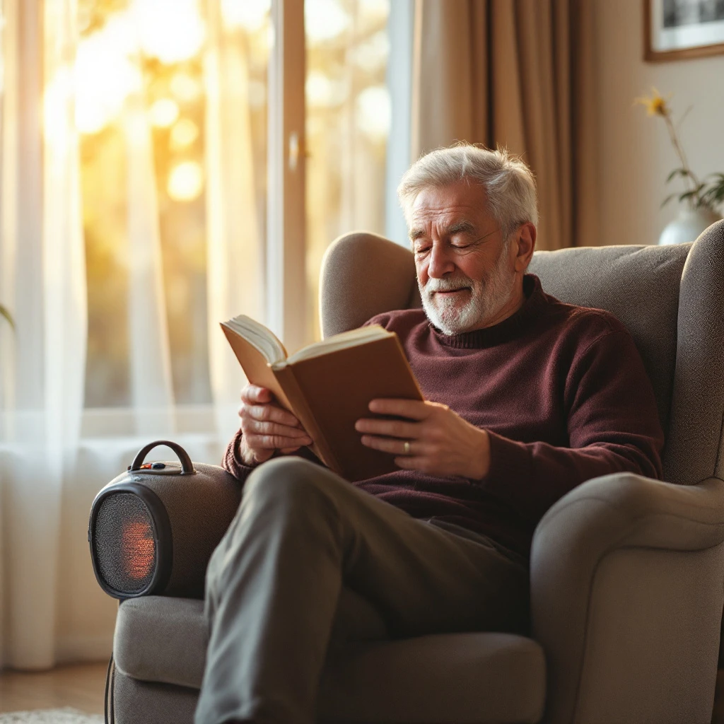 A man reading beside the heater